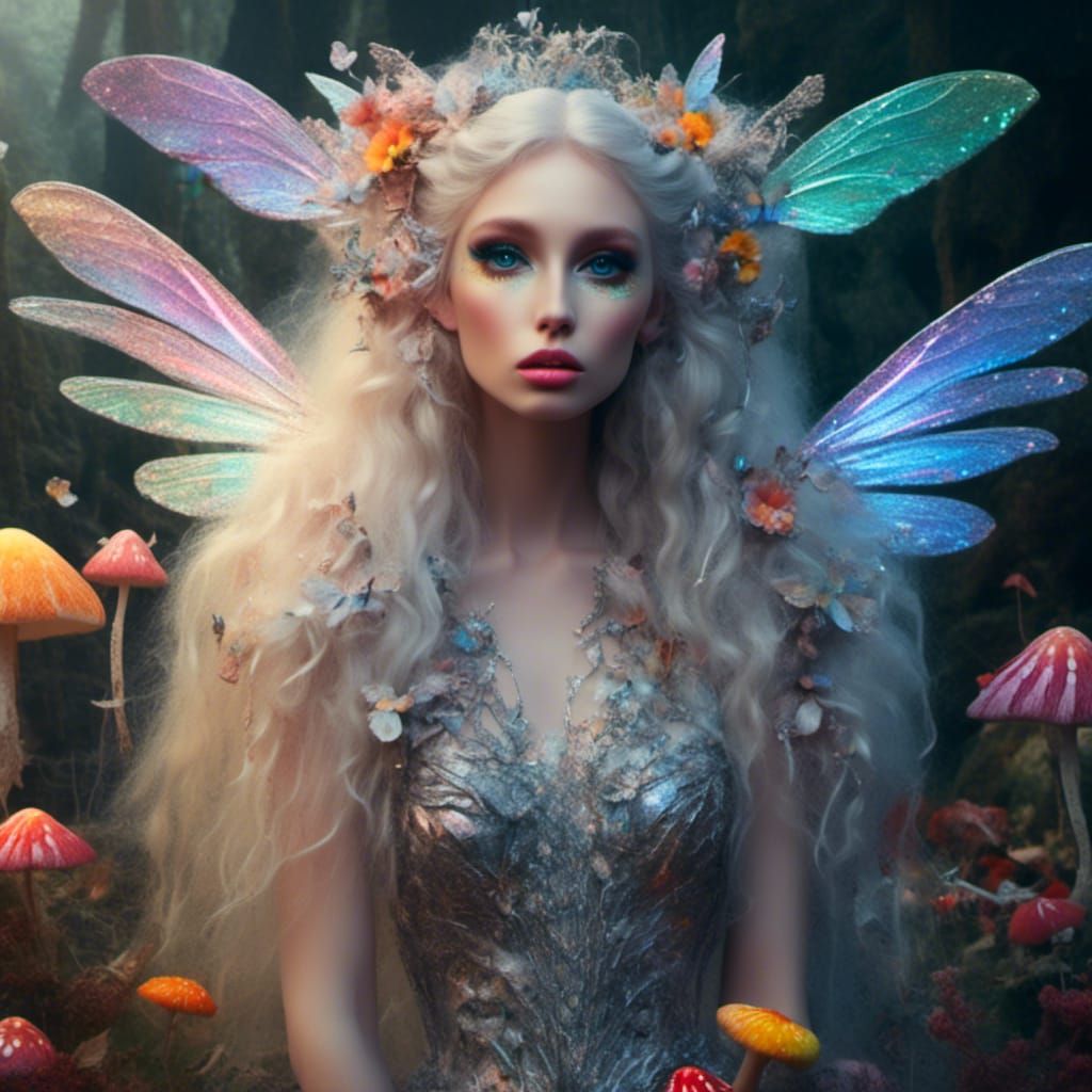 Silver Fairy with Rainbow Wings in Magical Forest