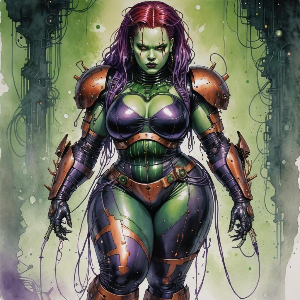 Futuristic Gothic Android Woman in Watercolor