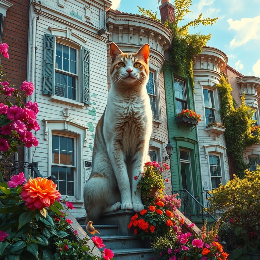 Giant Cat in Flower Garden: Impressionist Digital Art