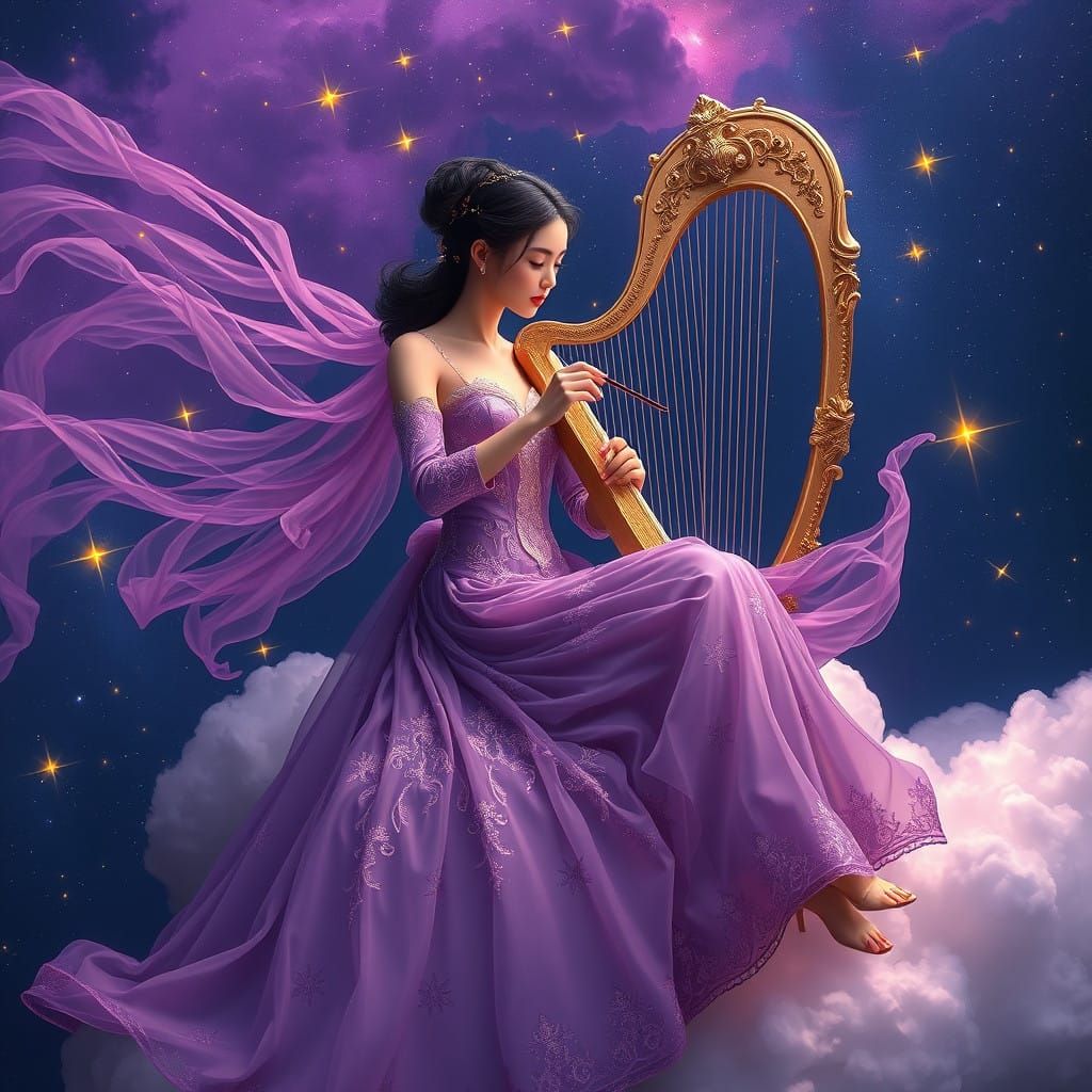 Ethereal Lady on a Celestial Cloud, Playing a Majestic Harp...