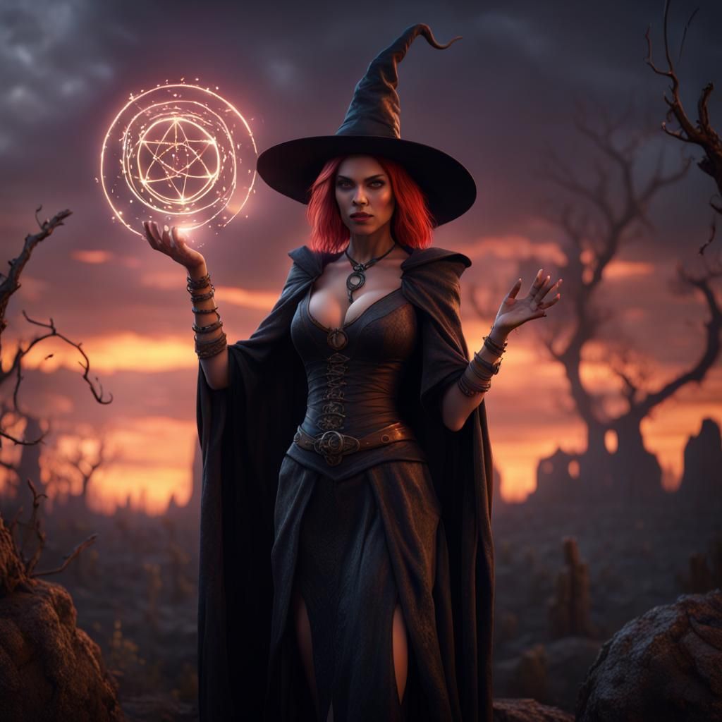 Smirking Witch Casting Spell with Dark Magic