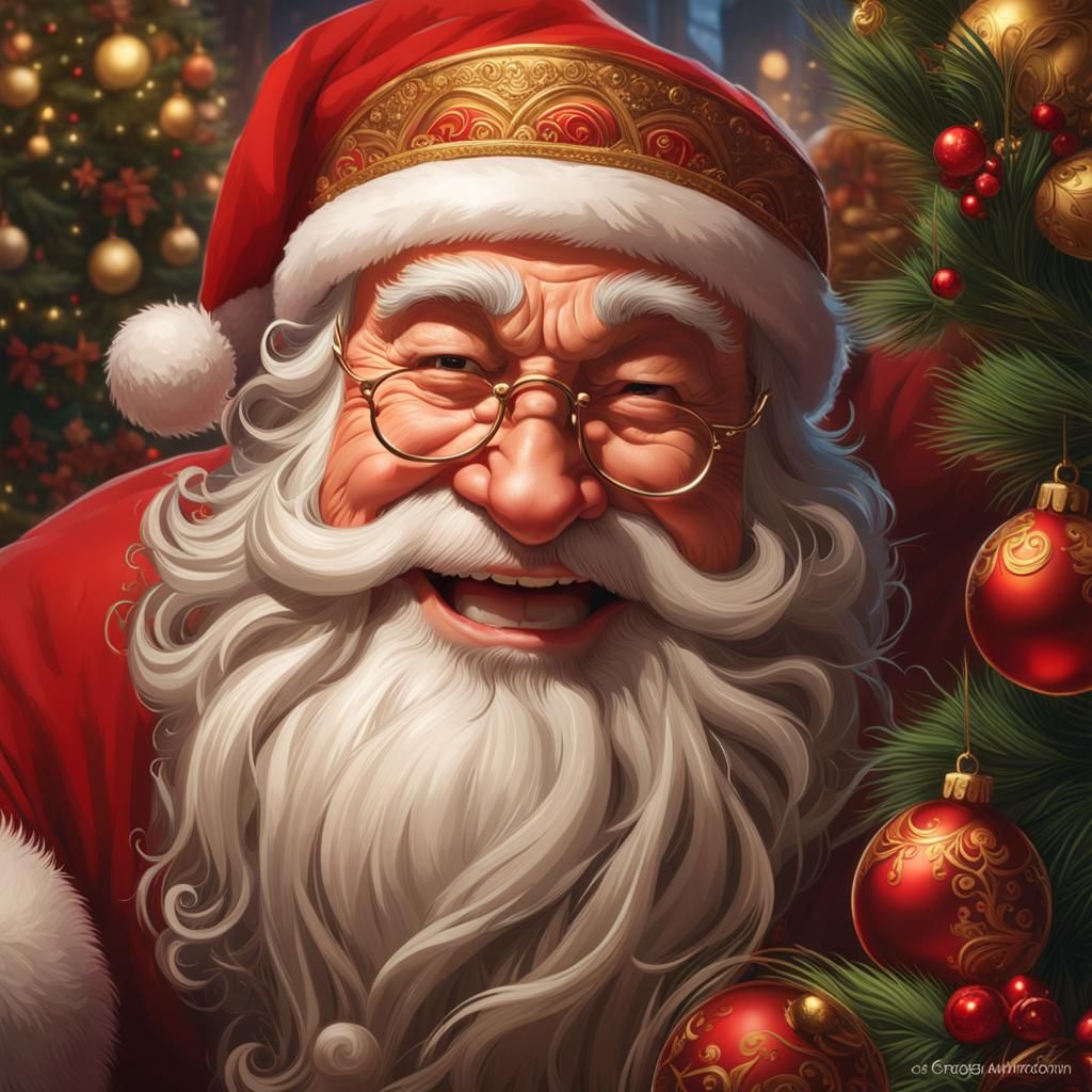 Lovely portrait of Santa Claus posing with his own Christmas tree