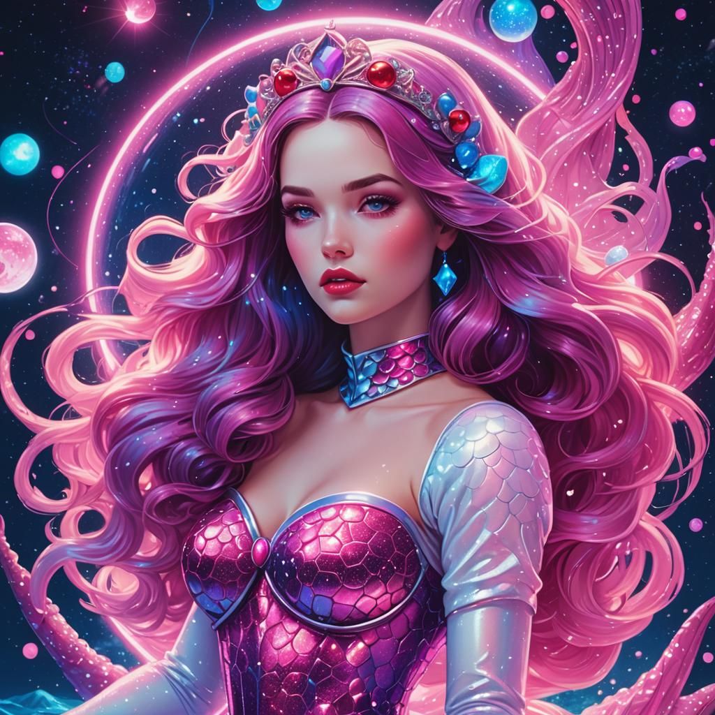 Snow White Space Mermaid in Synthwave Neon Style