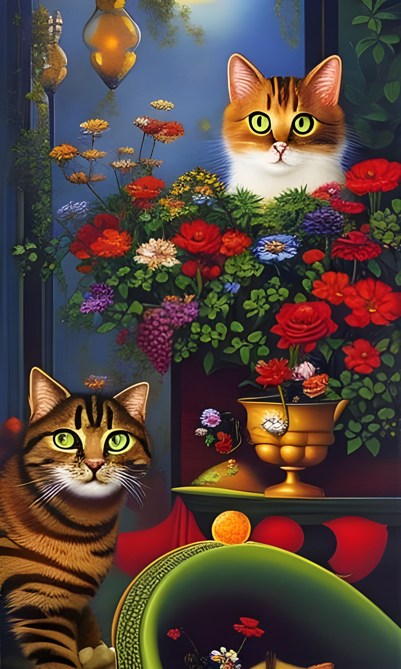 Cats in a Magic Garden: Surreal Oil Painting