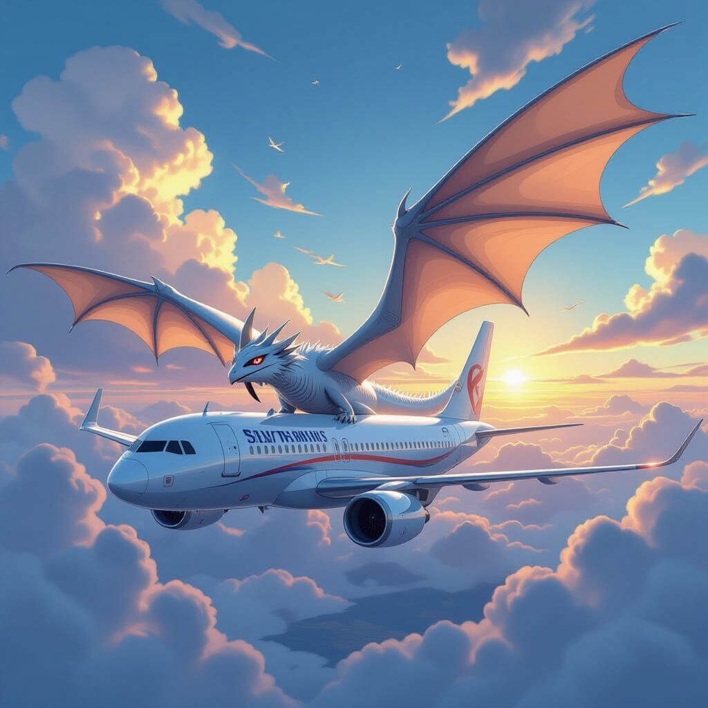 Silver Dragon Attacks Airplane In Anime Style
