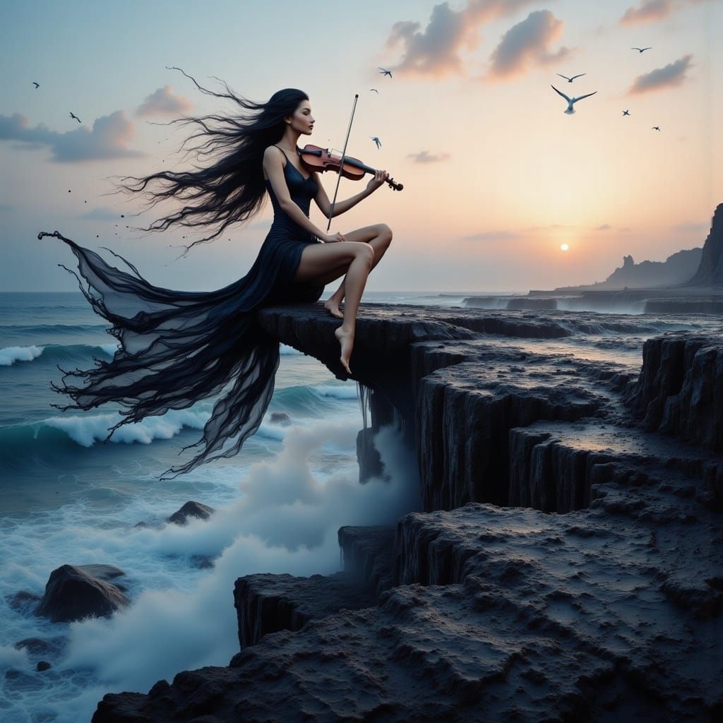 Brunette Cellist at Twilight, Hyperrealistic Coastal Scene