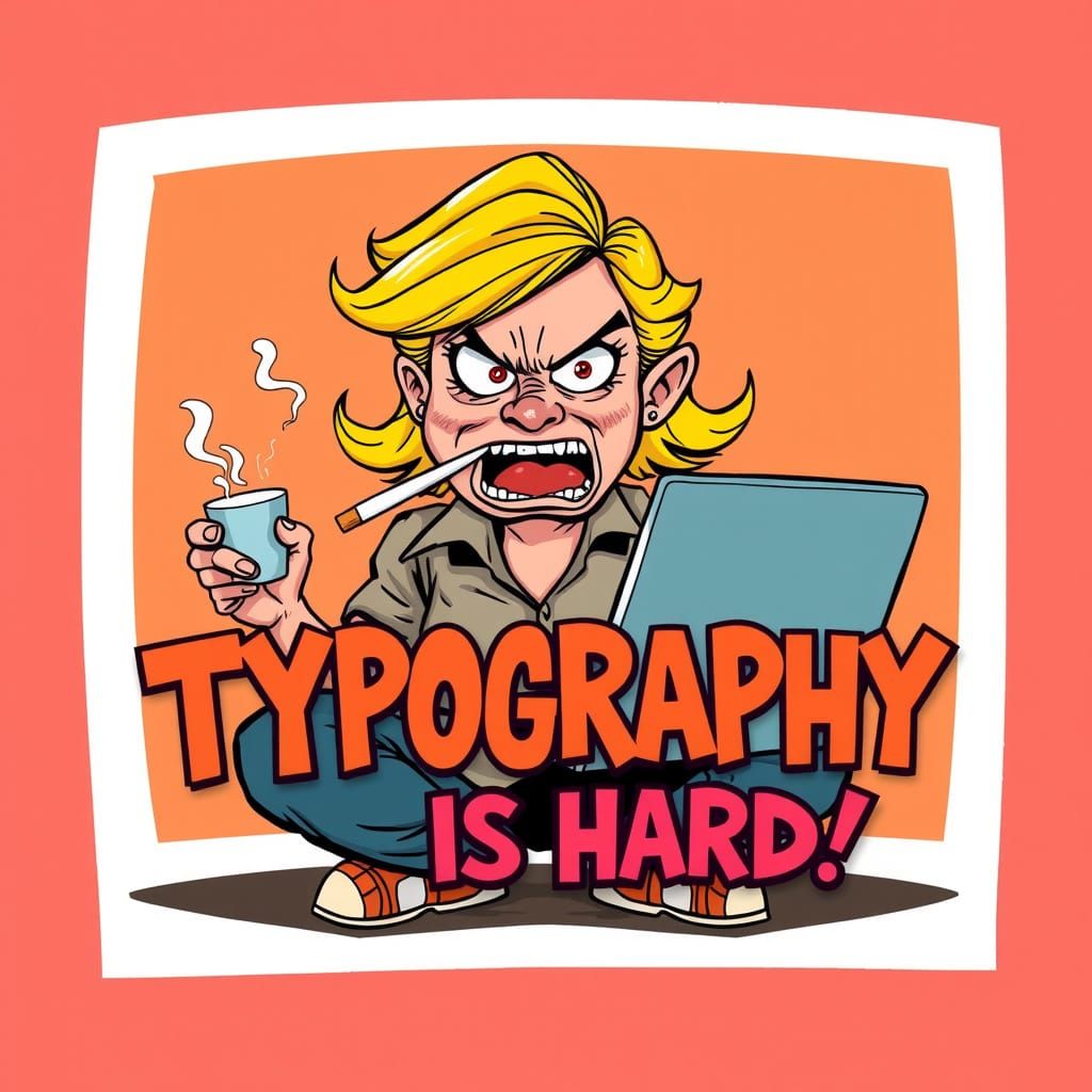 Frazzled Cartoon Woman Typing with Cigarettes and Coffee