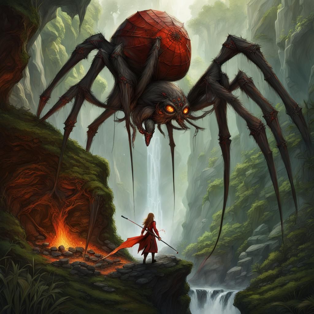 Female Warrior Riding Giant Spider in Fantasy Landscape