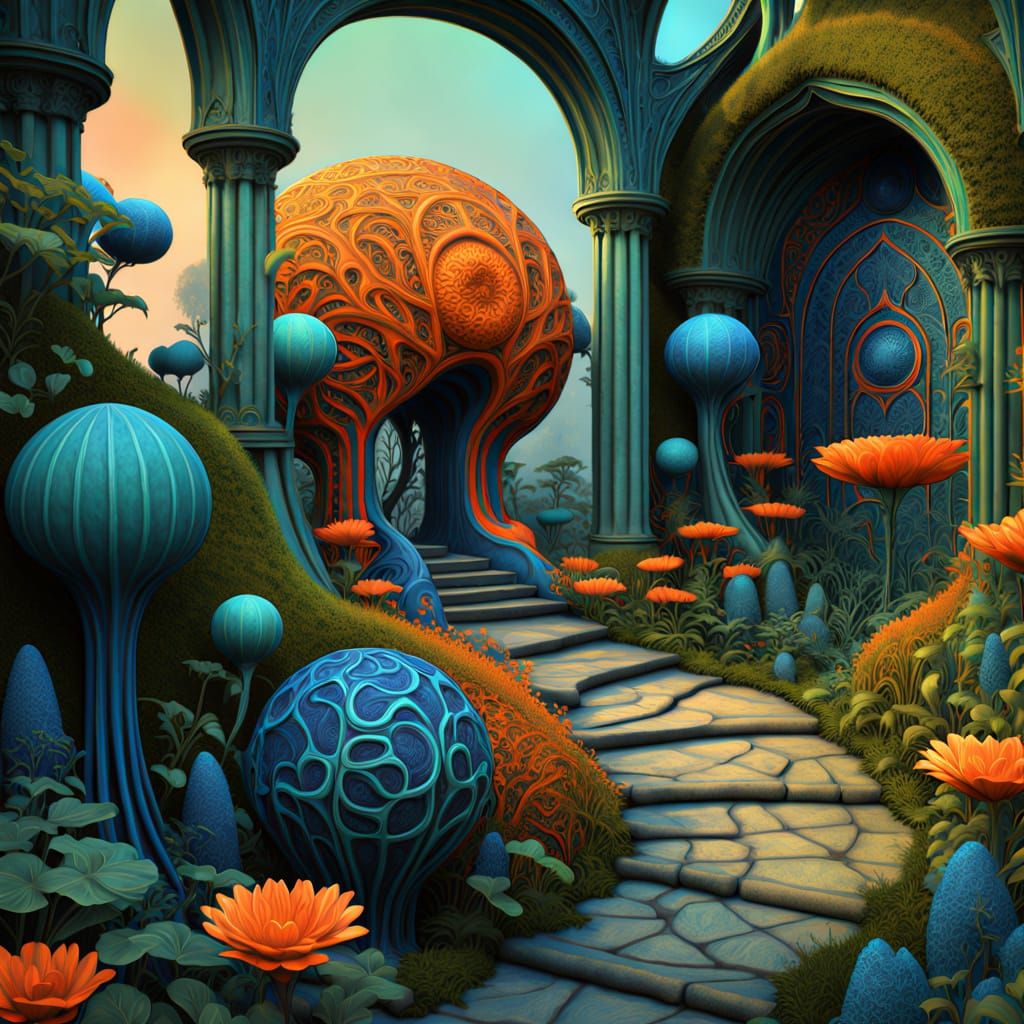 Sunrise Garden with Wildflowers and Gothic Archways