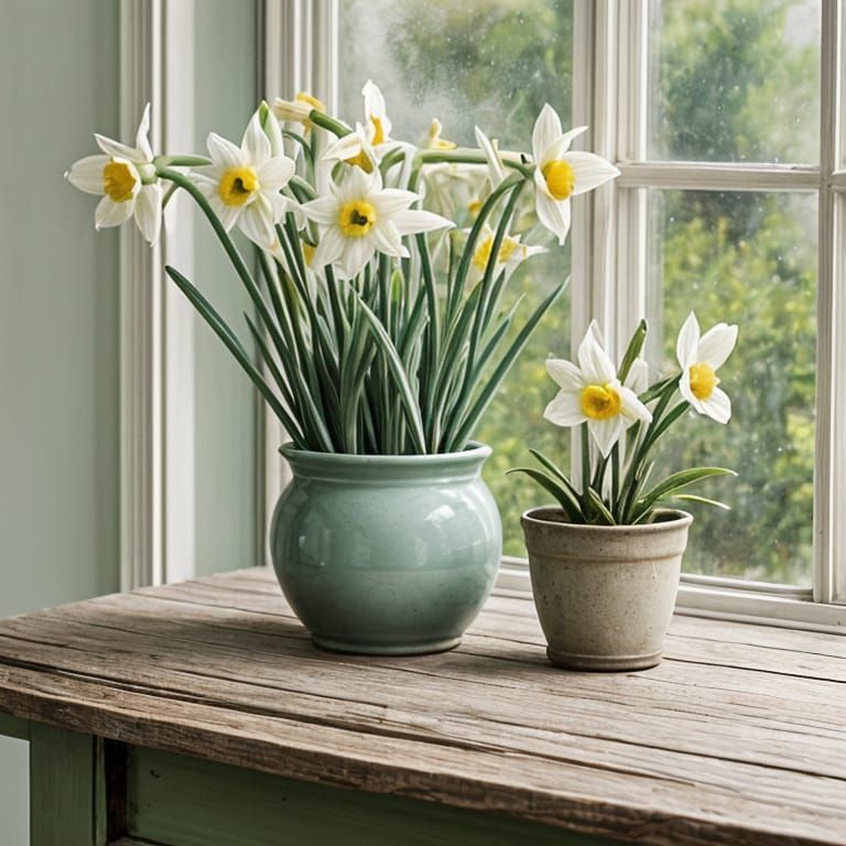 Long Daffodils in a small green pot