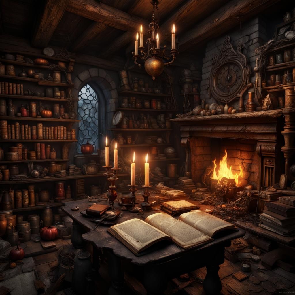 Torchlit Wizard's Study with Books and Potions
