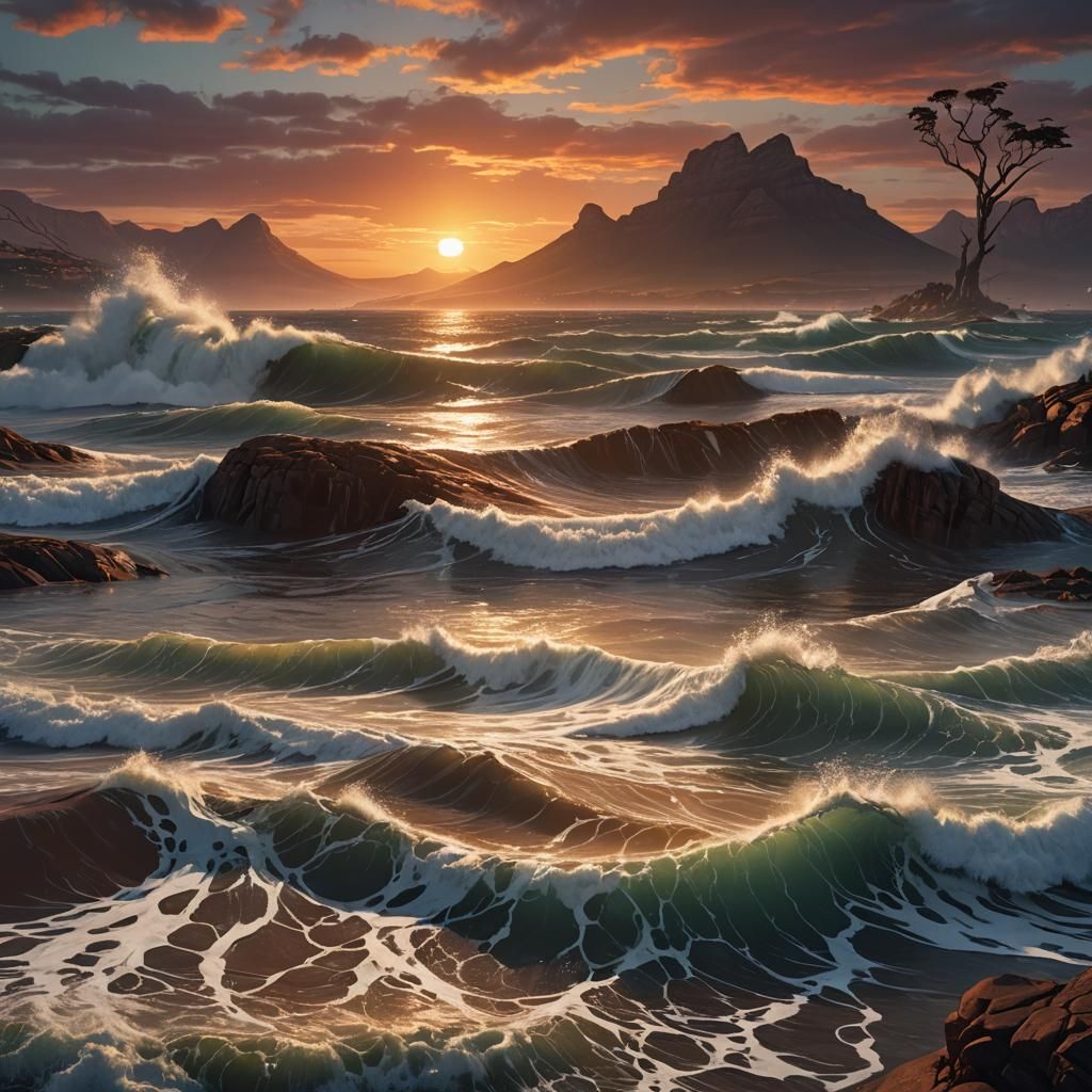 South African Sunset Waves, Detailed Matte Painting