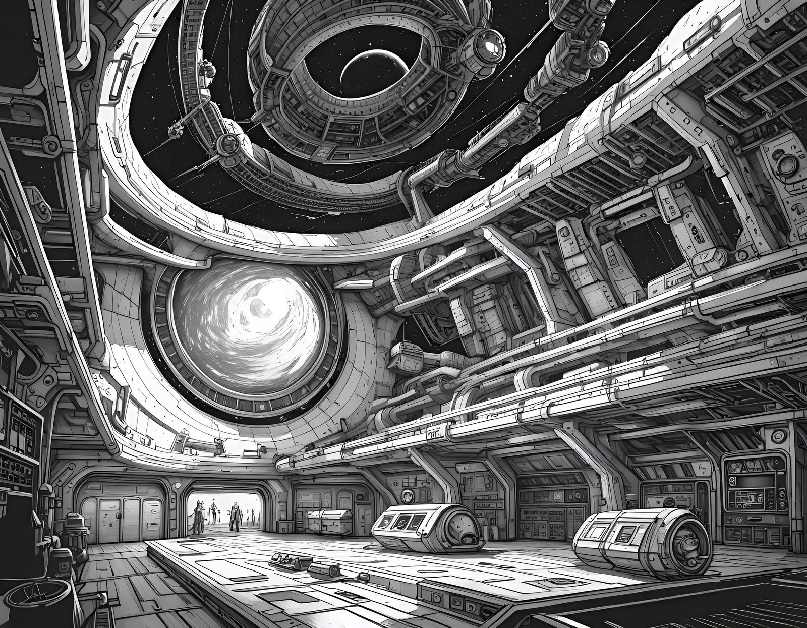 Extreme detail black and white line drawing of a space station.