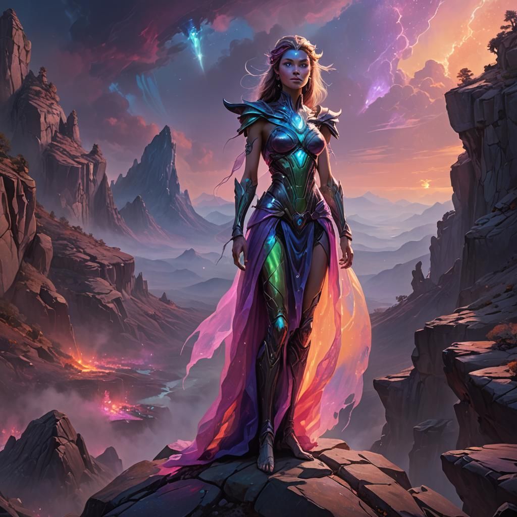 Alien Princess on Mountain Top: Triadic Oil Painting