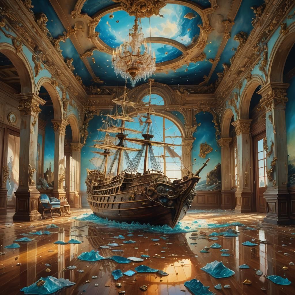 Shipwreck Spills into Ornate Hallway: Surreal Oil Painting