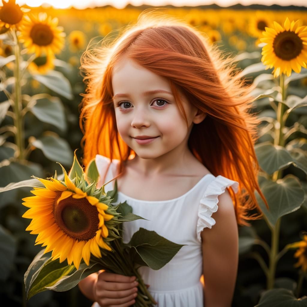 Red-Haired Girl in Sunflower Field at Sunset