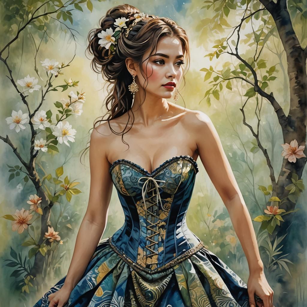 Elegant Woman in Corset and Batik Skirt Painting