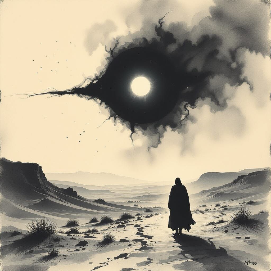 Desert Sunset Charcoal Sketch in Digital Art Style
