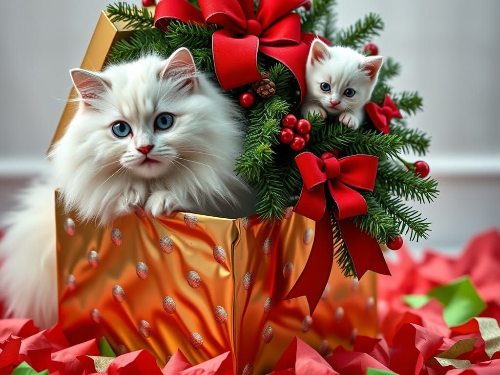 Majestic White Cat Peers from Festive Christmas Box