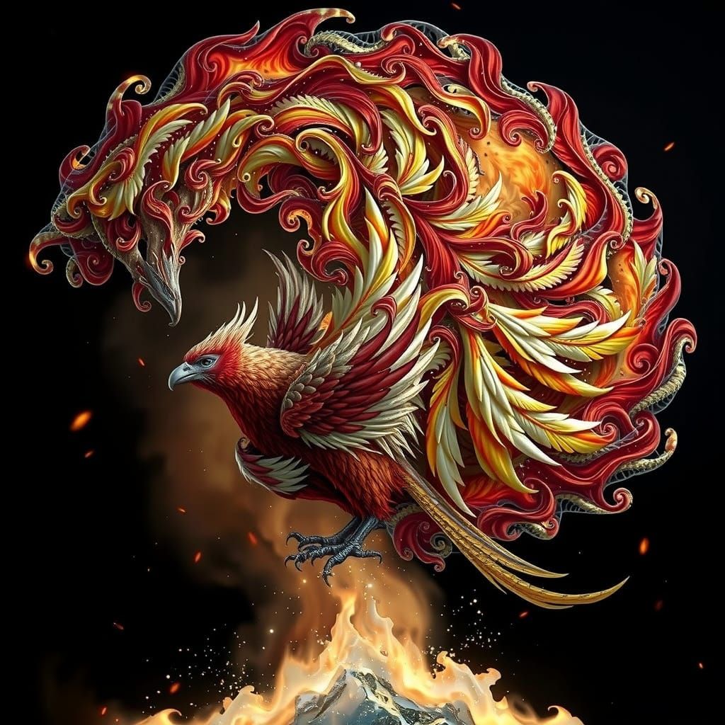 Hyperrealistic Phoenix Rising from Fire and Smoke