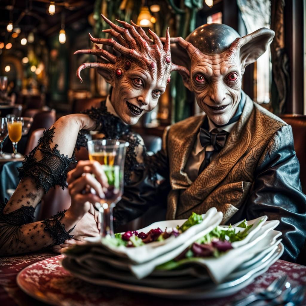 Surreal Restaurant Scene with Exotic Aliens