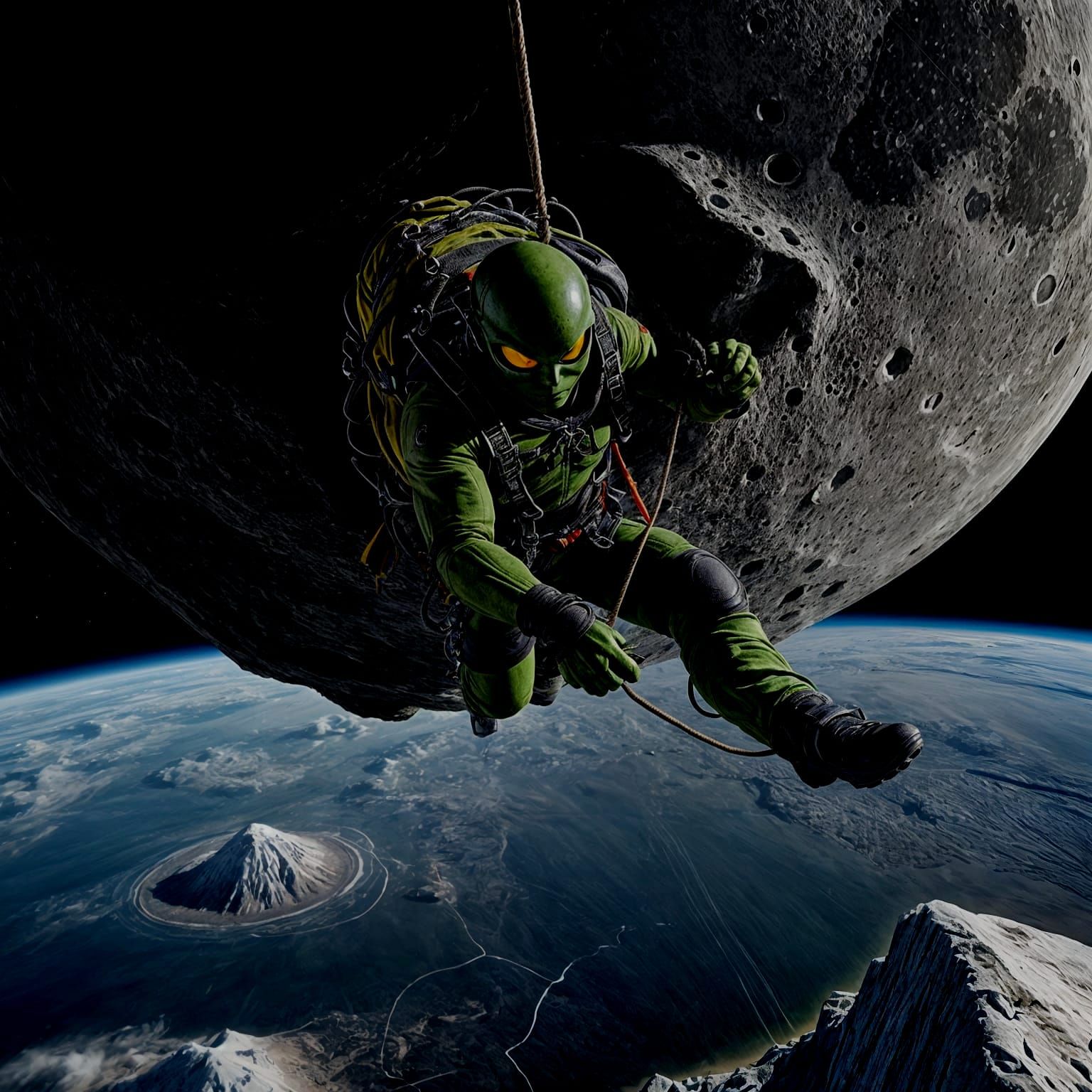 Alien Climbs Moon in Photorealistic Digital Art