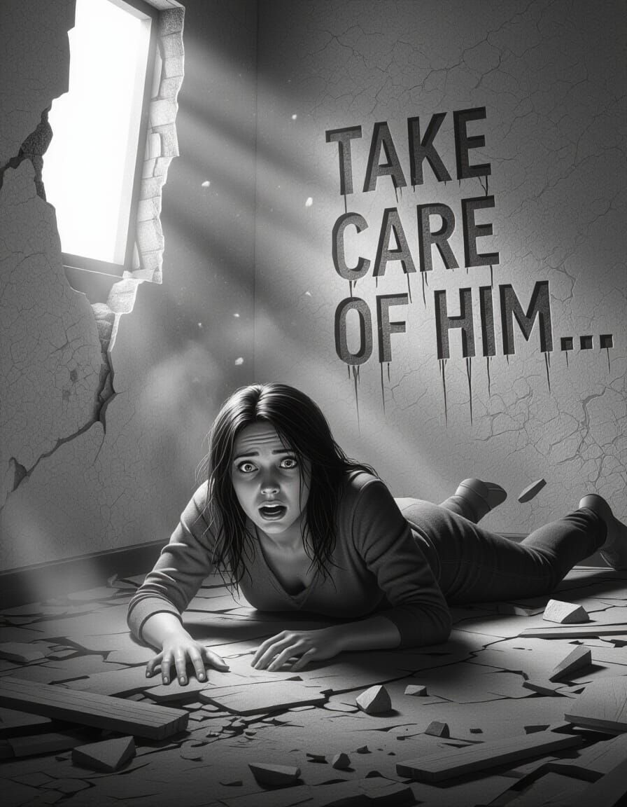 Terrified Woman Reaches for Light in Smoke-Filled Ruin