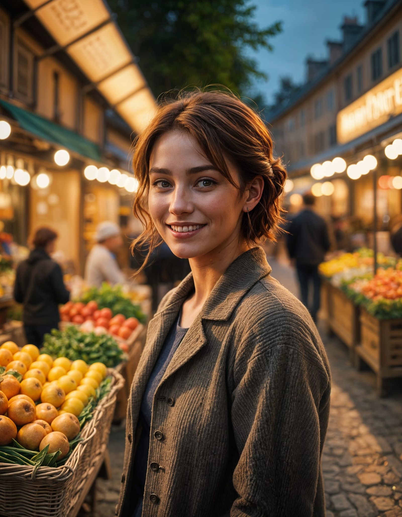 Glowing Night Market Scene with Vibrant Woman