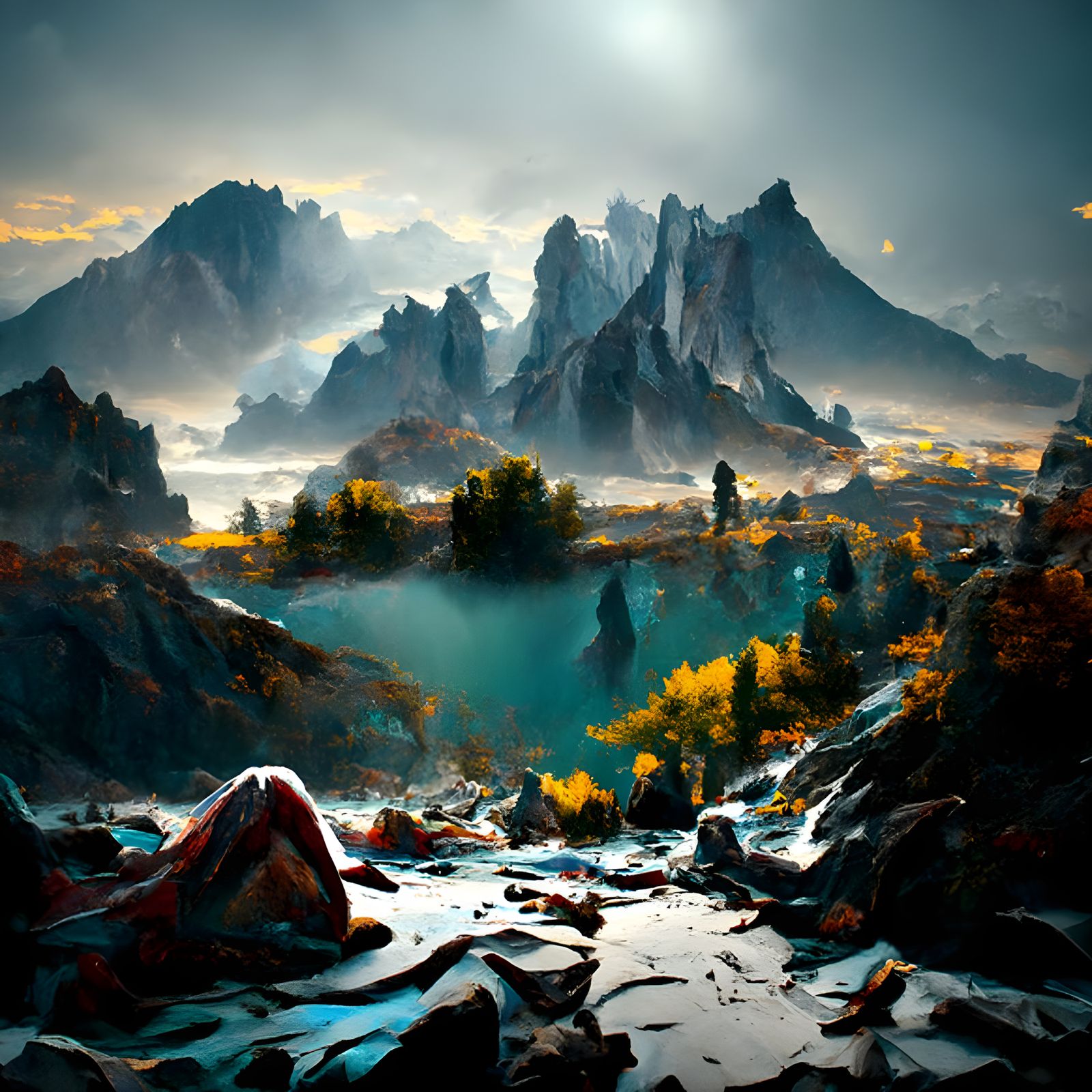 Hyperrealistic Mountain Range Over Calm Sea