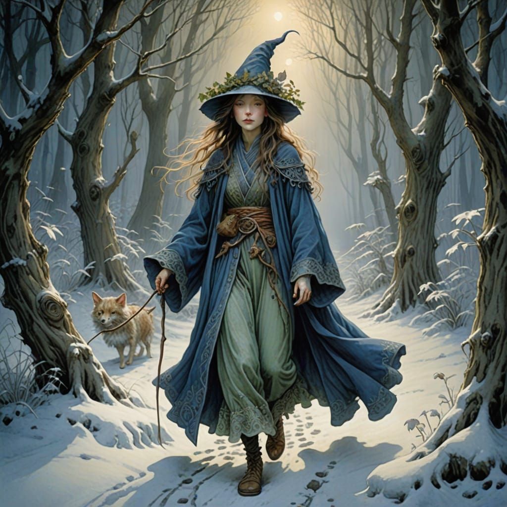 Serene Winter Wonderland in Whimsical Illustration Style