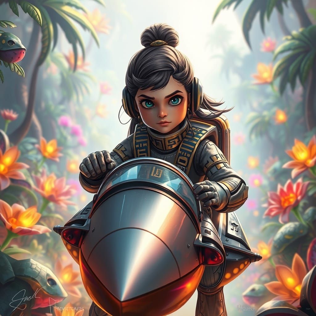 Girl Pilot in Spacesuit Navigating Alien Jungle