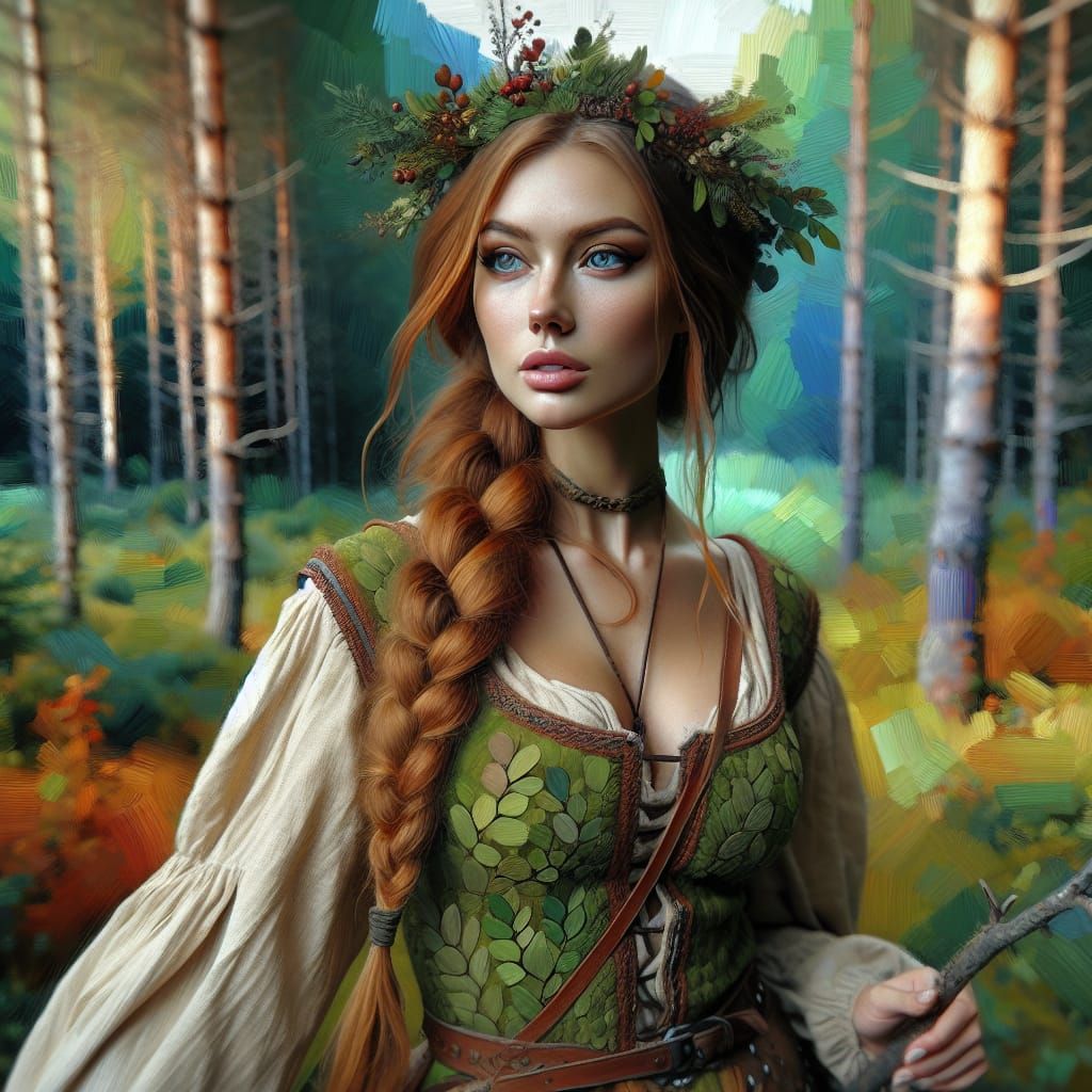 Celtic Goddess in Forest, Impasto Gouache Style