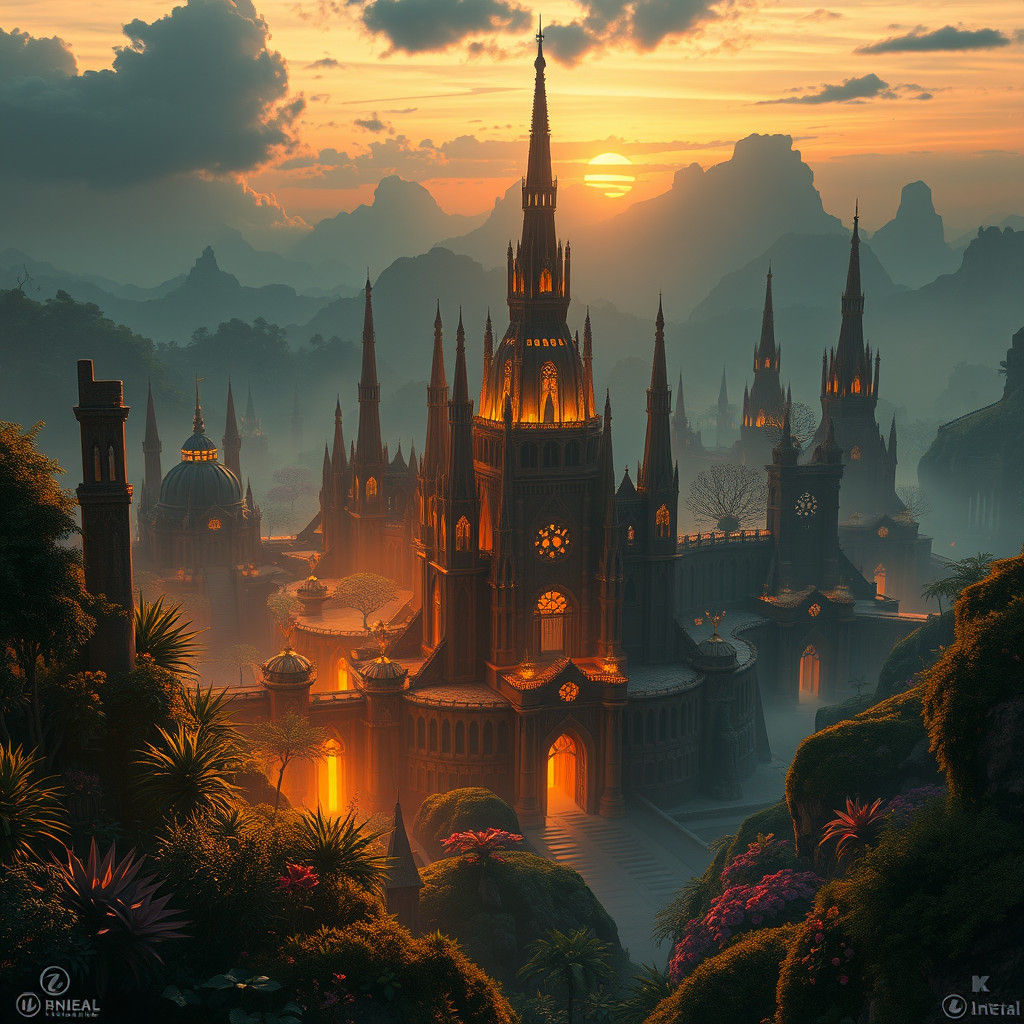 Mystical Cityscape at Dusk: Fantasy Concept Art