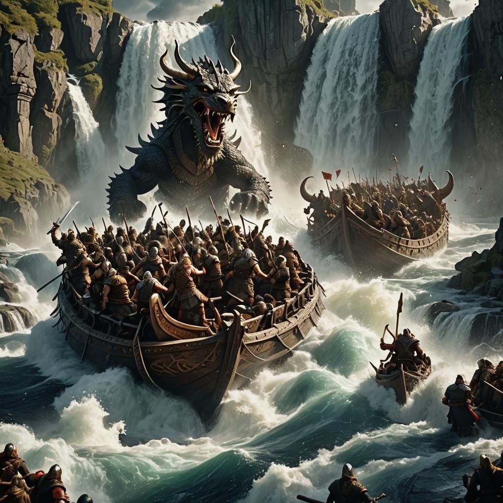Viking Drakkar Boats Plunge Down Waterfall: Epic Fantasy