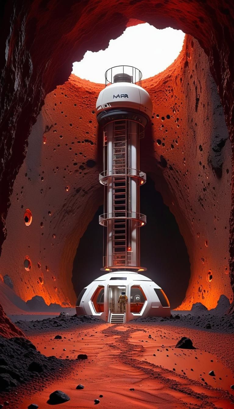 Precisionist Sci-Fi Mars Base in Lava Tunnel