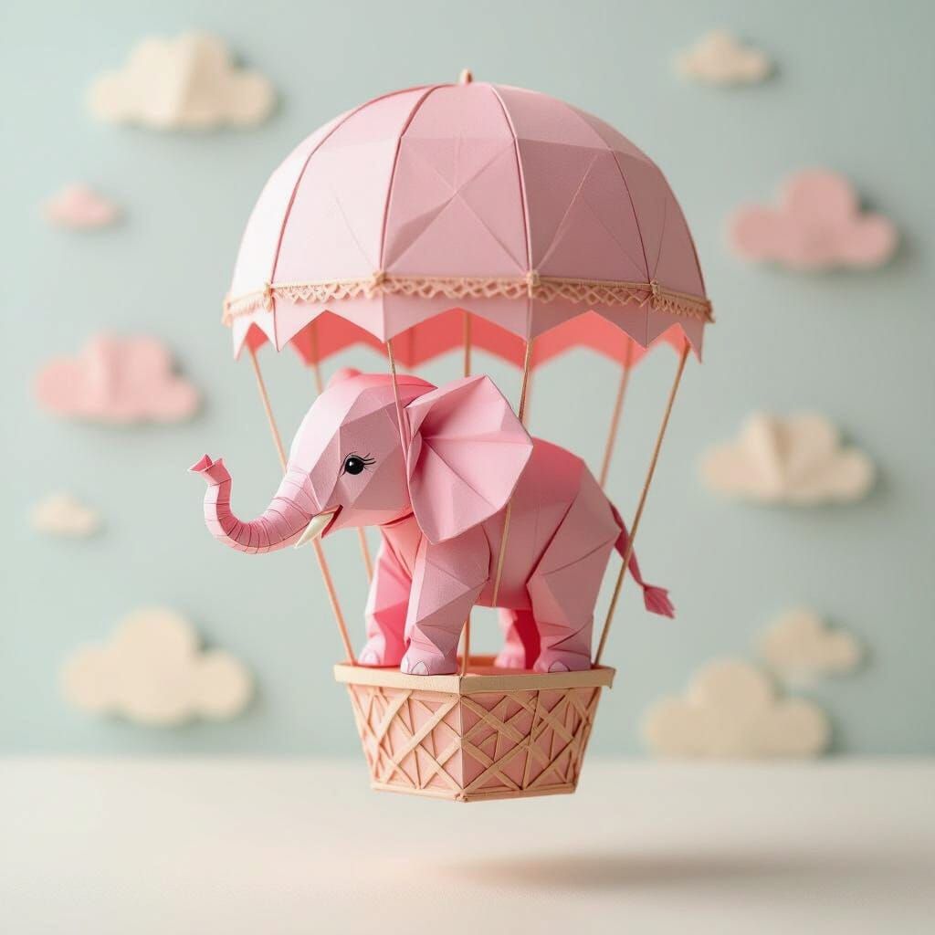 Origami Pink Elephant Flying in Hot Air Balloon