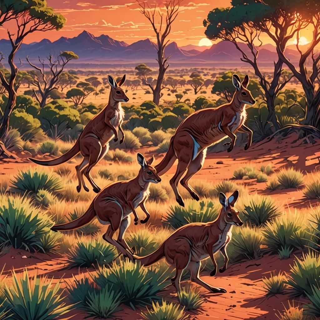 Kangaroos at Sunset in Anime Style