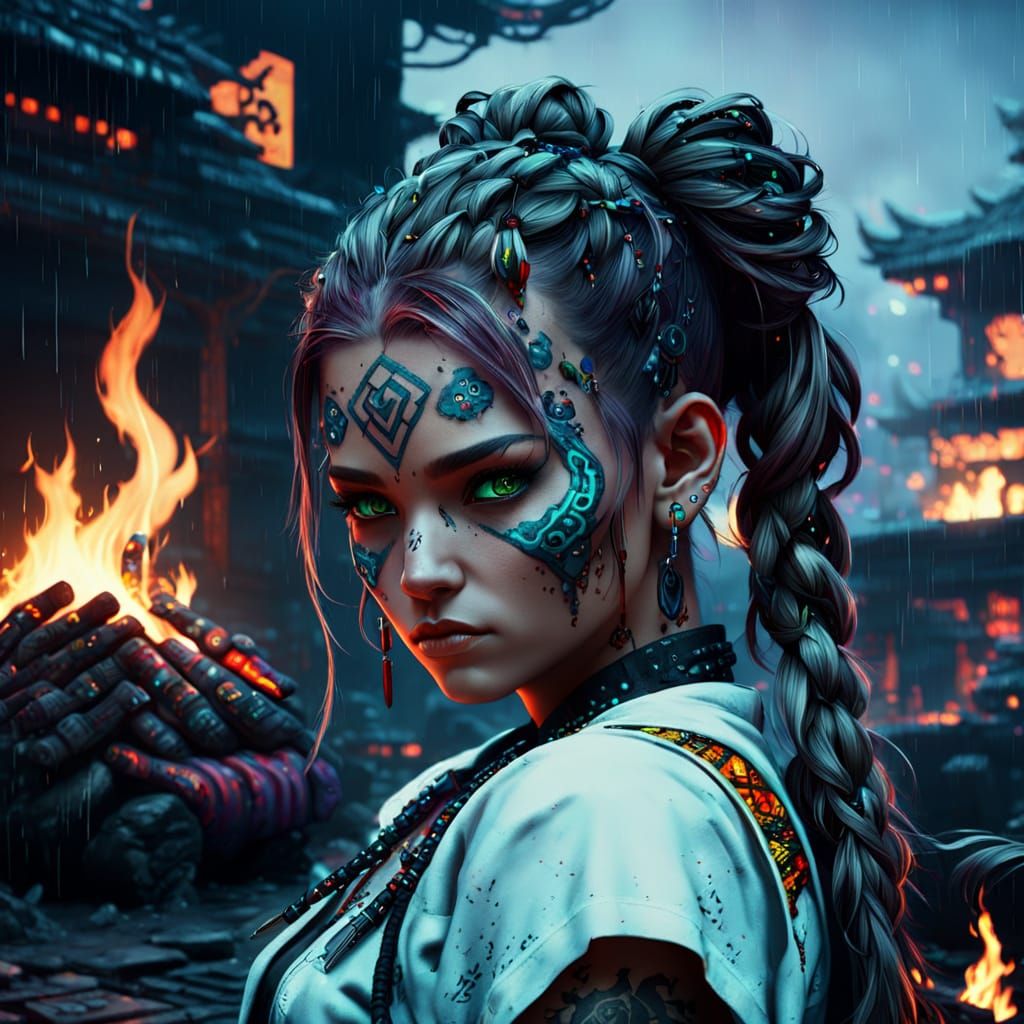 Cyberpunk Shaman Goddess in Vibrant Pixel Art