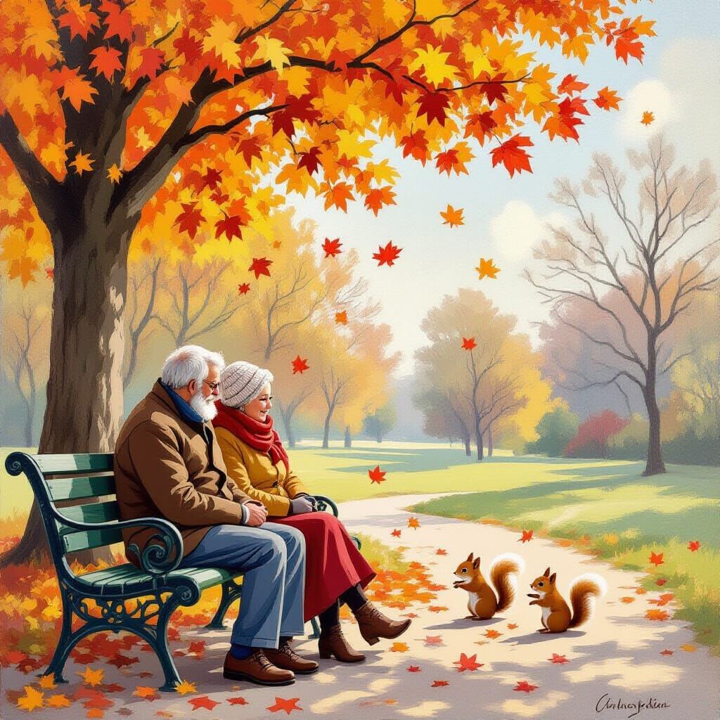 Autumn Serenity: Couple Watching Squirrels, Impressionistic ...