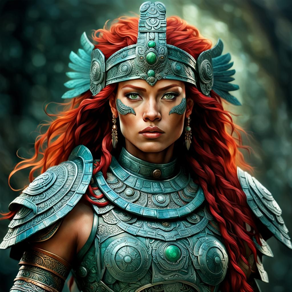 Mayan Warrior Woman with Red Hair in Digital Art