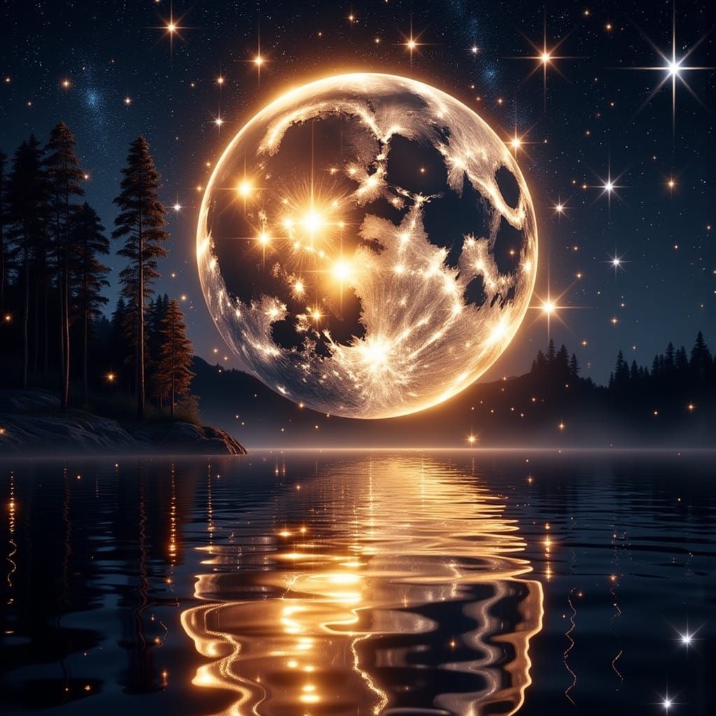 Astral Moon Shines in Cosmic Mixed Media