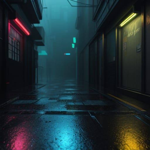 Neon Reflections in a Dark Alleyway: Concept Art