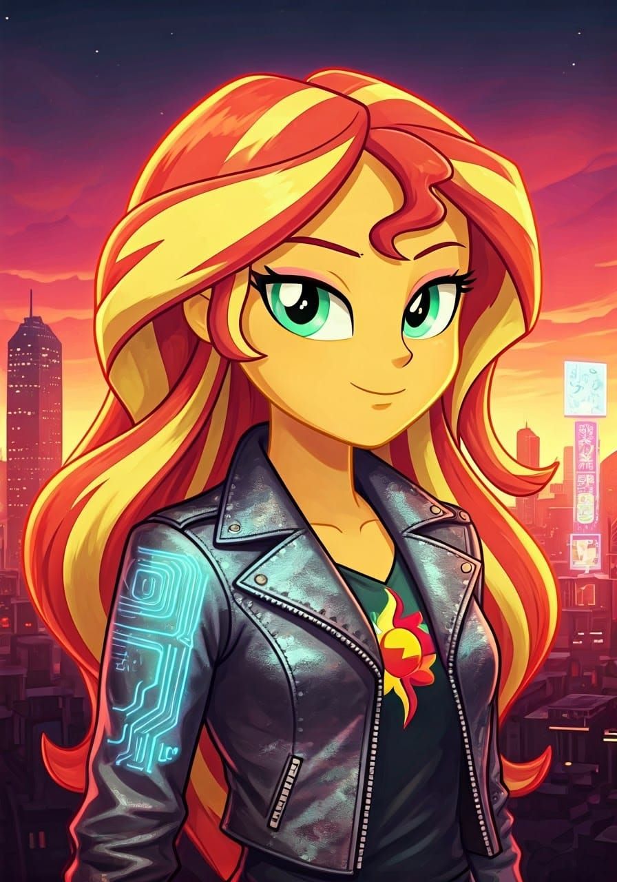 Sunset Shimmer in Cyberpunk Dystopian Cityscape