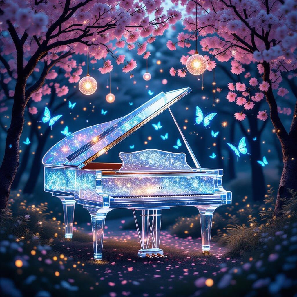 Magical Glade Piano with Glowing Seeds and Butterflies