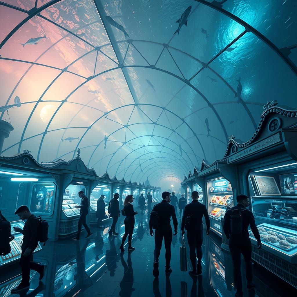 Underwater Market Square in Futuristic Dome