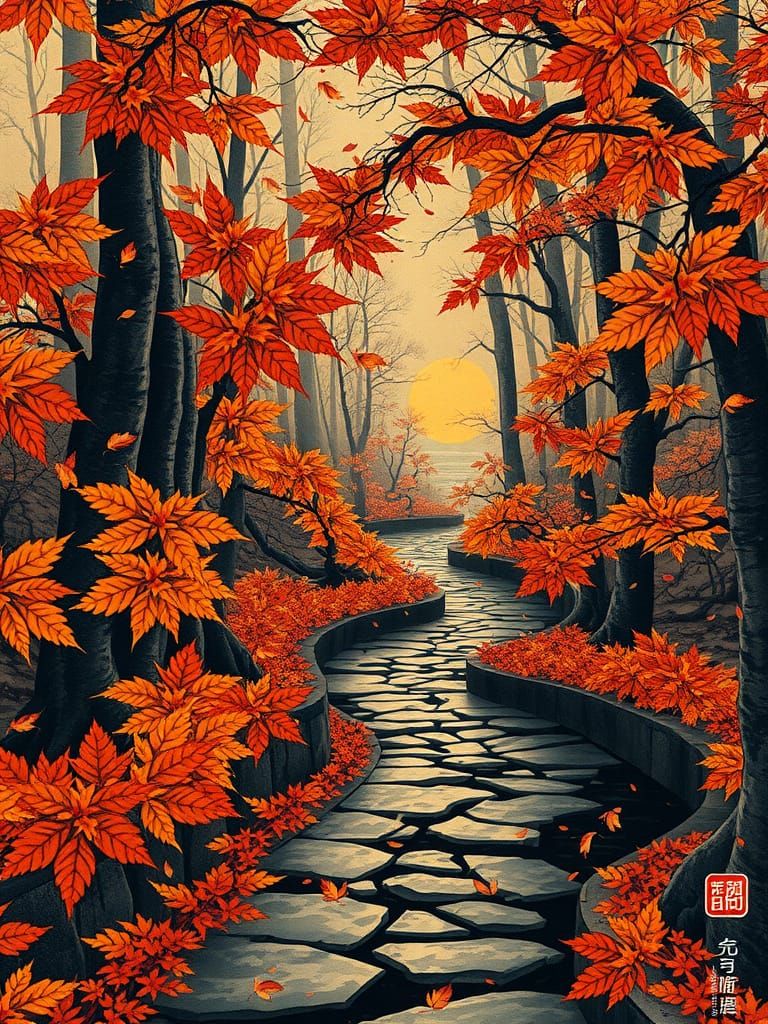 Autumn Leaves Swirl on Ancient Japanese Scroll