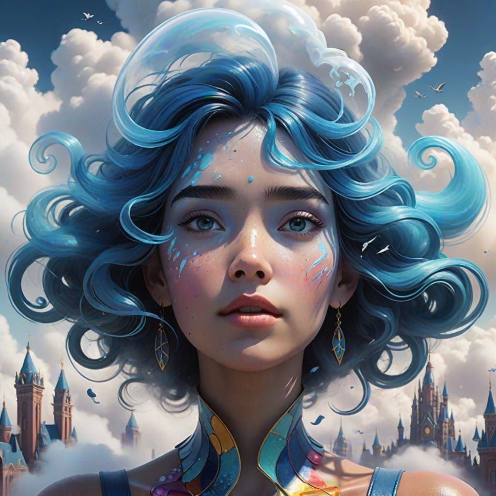 Ethereal Air Elemental Woman in Whimsical Cloud Cityscape