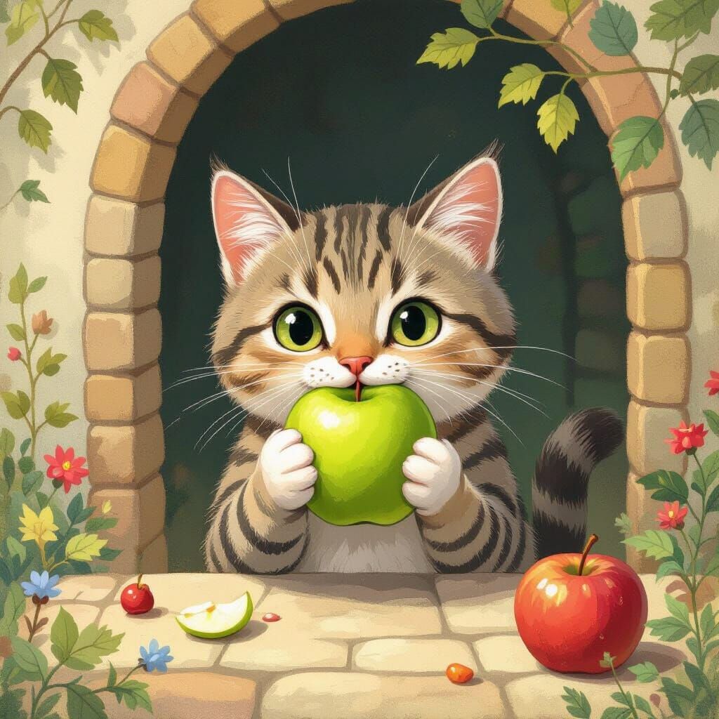 Cat Eating Apple in Whimsical Children's Book Style