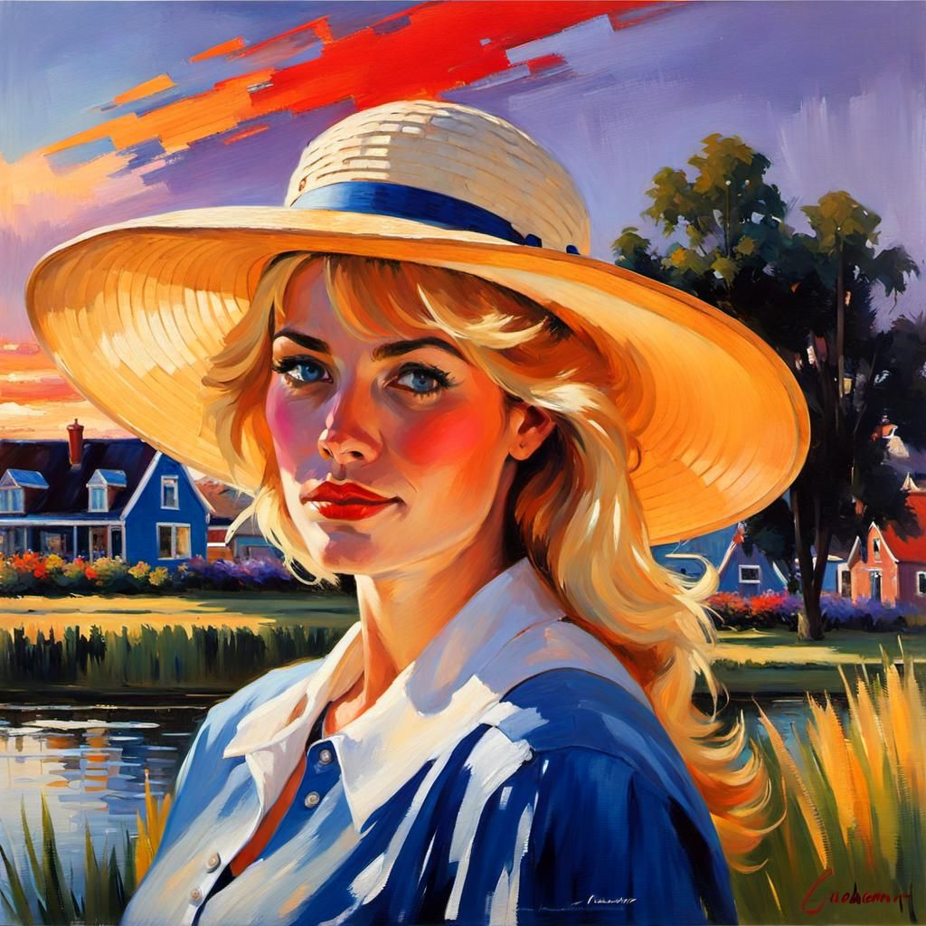Dutch Girl in Impressionist Village Sunset Portrait
