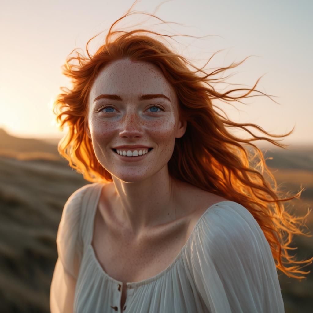 Radiant Girl with Freckles in Golden Hour Light